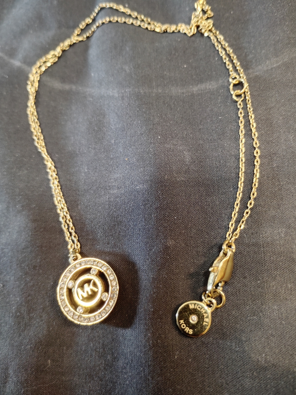 Michael Kors Gold Crystal-Accented MK Round Pendant Necklace